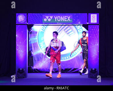 Arena Birmingham, Birmingham, UK. 8 Mär, 2019. Yonex All England Open Badminton Championships, Tag 3; Mens Singles match, Kento MOMOTA von Japan versus KIDAMBI Srikanth von Indien; die Spieler, die zum Gericht Kredit werden: Aktion plus Sport/Alamy leben Nachrichten Stockfoto