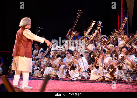 Silpgram Mahotsav. Guwahati, Assam, Indien. März 8, 2019. Künstler spielen Sitar während Silpgram Mahotsav an Silpgram in Panjabari, Guwahati am Freitag, den 8. März 2019. Die Sitar ist ein zupfinstrument Saiteninstrument, aus dem Indischen Subkontinent, in der indischen klassischen Musik verwendet wird. Quelle: David Talukdar/Alamy leben Nachrichten Stockfoto