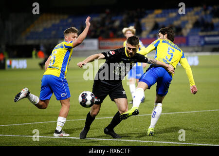 WAALWIJK 08-03-2019, Mandemakers Stadion, Fußball Saison 2018 / 2019, Niederländische Keuken Kampioen Divisie, RKC-SC Cambuur, Daan Rienstra, Sam Hendriks, Paul Reuter während des Spiels RKC Waalwijk - SC Cambuur Stockfoto