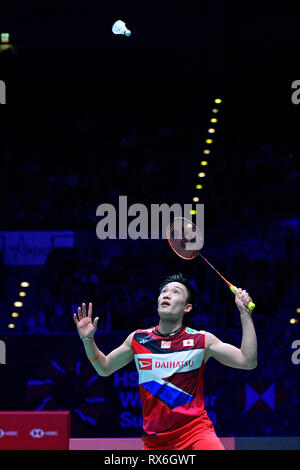 Birmingham, Großbritannien. 8. Mär 2019. All England Open Badminton Championships: TAG 3 BIRMINGHAM, ENGLAND - März 8: MÄNNER ingles Kento MOMOTA von Japan in der Tätigkeit an den Yonex All England Open Badminton Championships im Arena Birmingham am 8. März, 2019 Birmingham, England Credit: PATRICK ANTHONISZ/Alamy leben Nachrichten Stockfoto