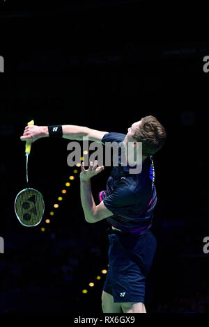 Birmingham, Großbritannien. 8. Mär 2019. All England Open Badminton Championships: TAG 3 BIRMINGHAM, ENGLAND - März 8: MÄNNER Ingles, Viktor AXELSEN von Dänemark in Aktion an der Yonex All England Open Badminton Championships im Arena Birmingham am 8. März, 2019 Birmingham, England Credit: PATRICK ANTHONISZ/Alamy leben Nachrichten Stockfoto