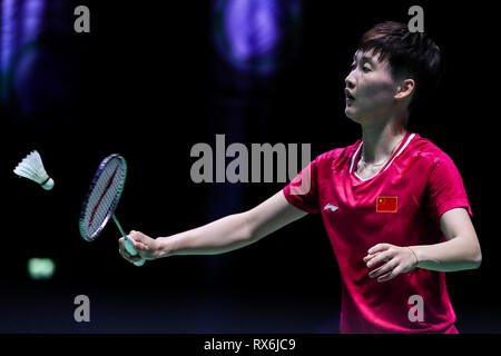 Birmingham. 8 Mär, 2019. Chinas Chen Yufei konkurriert während singles Viertel der Frauen finale Match mit Südkoreas Sung Ji Hyun bei den All England Open Badminton Championships 2019 in Birmingham, Großbritannien am 8. März 2019. Credit: Tang Shi/Xinhua/Alamy leben Nachrichten Stockfoto