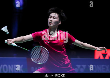 Birmingham. 8 Mär, 2019. Chinas Chen Yufei konkurriert während singles Viertel der Frauen finale Match mit Südkoreas Sung Ji Hyun bei den All England Open Badminton Championships 2019 in Birmingham, Großbritannien am 8. März 2019. Credit: Tang Shi/Xinhua/Alamy leben Nachrichten Stockfoto