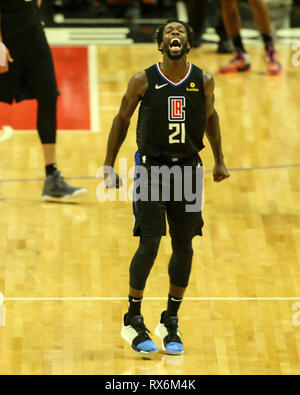 Los Angeles, CA, USA. 8 Mär, 2019. LA Clippers guard Patrick Beverley #21 schreit während der Oklahoma City Thunder vs Los Angeles Clippers at Staples Center am 8. März 2019. (Foto durch Jevone Moore) Credit: Csm/Alamy leben Nachrichten Stockfoto