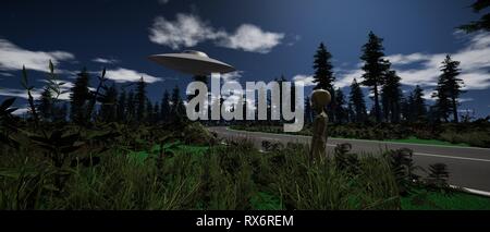 Extrem detaillierte und realistische High Resolution 3d imageof ein graues Alien neben einer Straße mit einem UFO Flying Saucer am Himmel stehen Stockfoto