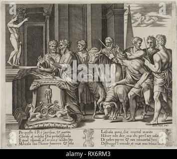 Psyche's Vater Consulting Oracle. Agostino dei Musi (Italienisch, C. 1490 - nach 1536); nach Michiel coxcie ich (Flämisch, 1499-1592); wiederum von Raffaello Sanzio inspiriert, namens Raphael (Italienisch, 1483-1520); gedruckte von Antonio Salamanca (Italienisch, 1478-1562). Datum: 1530-1540. Abmessungen: 200 x 235 mm (Platte); 270 x 370 mm (Blatt). Gravur in warmen Braun Tinte auf Creme Bütten. Herkunft: Italien. Museum: Das Chicago Art Institute. Autor: Agostino DEI MUSI. Agostino Veneziano (Agostino dei Musi). Nach Michiel Coxie (I). Stockfoto