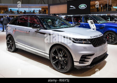 Genf, Schweiz - 6. MÄRZ 2018: Range Rover velaren Auto auf dem 88. Internationalen Automobilsalon in Genf präsentiert. Stockfoto