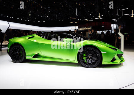 Genf, Schweiz - 5. MÄRZ 2019: Neue 2019 Lamborghini Huracan Evo Spyder supercar Debüts auf dem 89. Internationalen Automobilsalon in Genf. Stockfoto