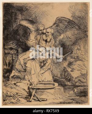 Abrahams Opfer. Rembrandt van Rijn; Niederländisch, 1606-1669. Datum: 1654-1655. Abmessungen: 156 x 131 mm (Bild/Platte); 158 x 135 mm (Blatt). Ätzen und Kaltnadelradierung auf Elfenbein japanische Papier. Herkunft: Holland. Museum: Das Chicago Art Institute. Thema: Rembrandt HARMENSZOON VAN RIJN. Stockfoto