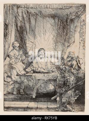 Christus in Emmaus: Die größere Platte. Rembrandt van Rijn; Niederländisch, 1606-1669. Datum: 1654. Abmessungen: 212 x 160 mm (Bild/Seite, innerhalb der Platte Mark). Ätzen, Burin und Kaltnadelradierung auf Elfenbein Bütten. Herkunft: Holland. Museum: Das Chicago Art Institute. Thema: Rembrandt HARMENSZOON VAN RIJN. Stockfoto