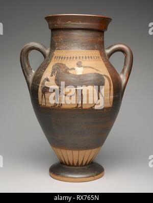 Amphora (Storage Jar). Etruskische; an die Ivy Leaf-Fraktion zugeteilt. Datum: 530 v. Chr.-520 v. Chr.. Abmessungen: 38,7 x 27,9 cm (15 1/4 x 11 in.); Durchm. 19,4 cm (7 5/8 in.). Terra-cotta, in der schwarz-Abbildung Technik eingerichtet. Herkunft: Etrurien. Museum: Das Chicago Art Institute. Thema: antike etruskische. Stockfoto