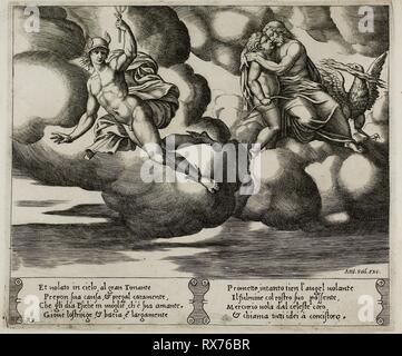 Amor Betteln Jupiter für die Barmherzigkeit für die Psyche. Meister der Sterben (Italienisch, Aktive c. 1530-1560); nach Michiel coxcie ich (Flämisch, 1499-1592); wiederum von Raffaello Sanzio inspiriert, namens Raphael (Italienisch, 1483-1520). Datum: 1530-1541. Abmessungen: 200 x 235 mm (Platte); 270 x 370 mm (Blatt). Gravur in warmen Braun Tinte auf Creme Bütten. Herkunft: Italien. Museum: Das Chicago Art Institute. Autor: Meister der sterben. Nach Michiel Coxie (I). Stockfoto