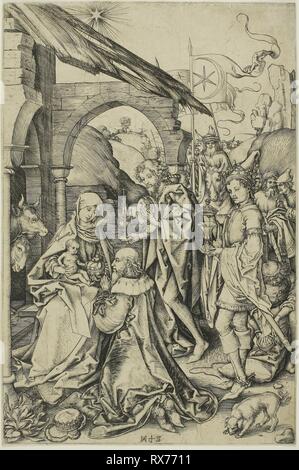 Die Anbetung der Könige, aus dem Leben Christi. Martin Schongauer; Deutsch, C. 1450-1491. Datum: 1470-1476. Abmessungen: 254 x 168 mm (Bild/Platte); 255 x 170 mm (Blatt). Gravur auf tan Bütten. Herkunft: Deutschland. Museum: Das Chicago Art Institute. Stockfoto