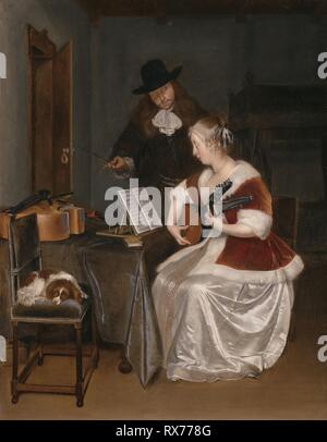 Die Musik, die Lektion. Gerard Ter Borch; Niederländisch, 1617-1681. Datum: 1665-1675. Abmessungen: 63,6 x 50,4 cm (25 x 19 7/8 in.). Öl auf Leinwand. Herkunft: Niederlande. Museum: Das Chicago Art Institute. Autor: Géraerd Ter Borch. Stockfoto