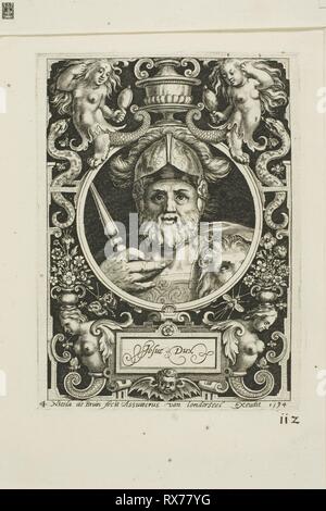 Joshua, Platte vier von neun Glaubenshelden. Nicolaes de Bruyn (Flämisch, 1571-1656); veröffentlicht durch Assuerus van Londerseel (Flämisch, 1572-1635). Datum: 1594. Abmessungen: 119 × 85 mm (Bild); 124 × 92 mm (Platte); 182 × 146 mm (Blatt). Gravur in Schwarz auf Creme Bütten. Herkunft: Flandern. Museum: Das Chicago Art Institute. Stockfoto