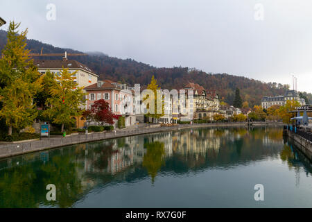 Blick auf die Stadt Thun, mit alten und historischen Häusern am Fluss Aare Stockfoto