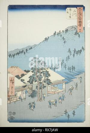 Futakawa: Die Station bei Surugababa (Futakawa, Sarugababa tateba), No. 34 Aus der Serie "Berühmte Sehenswürdigkeiten der 53 Stationen (Gojusan tsugi meisho zue), "auch die vertikalen Tokaido bekannt. Utagawa Hiroshige?? ??; Japanisch, 1797-1858. Datum: 1855. Abmessungen: 37,8 x 26 cm (14 7/8 x 10 1/4 in.). Farbe holzschnitt; Oban. Herkunft: Japan. Museum: Das Chicago Art Institute. Stockfoto