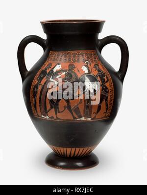 Belly-Amphora (Storage Jar). Griechisch; Athen; der Maler von Berlin 1686 oder der Maler von Tarquinia RC 3984 zugeschrieben. Datum: 550 v. Chr.-540 v. Chr.. Abmessungen: 28,2 × 21,6 × 19 cm (10 3/4 x 8 1/2 x 7 1/2 in.). Terra-cotta, in der schwarz-Abbildung Technik eingerichtet. Herkunft: Athen. Museum: Das Chicago Art Institute. Thema: ALTGRIECHISCH. Stockfoto