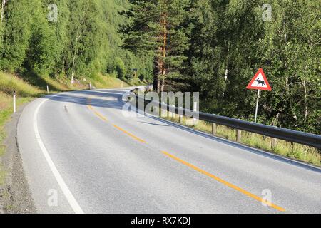 Elche Warnschild an der internationalen Straße E6 in Oppland, Norwegen. Stockfoto