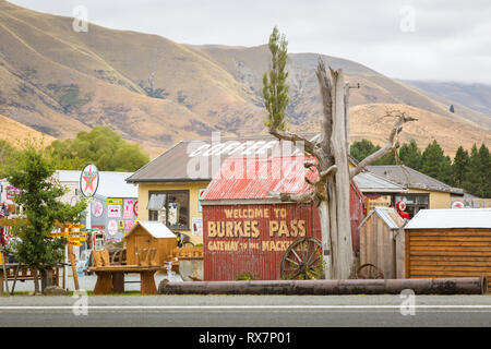 Burkes Pass, Mackenzie Staat in Canterbury, Neuseeland. Stockfoto