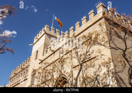 Valencia Seidenbörse, La Lonja de la Seda, Plaza de Mercat in Valencia Altstadt Spanien Valencia Lonja de la Seda Stockfoto