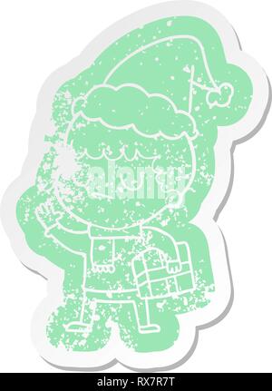 Schrullige cartoon distressed Aufkleber von grumpy junger Mann, Santa Hat Stock Vektor
