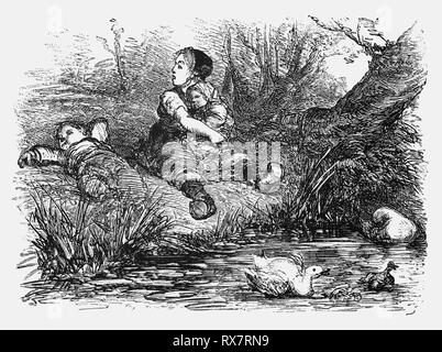 Drei Kinder, ein Mädchen von etwa sechs mit einem Baby auf dem Schoß und, ein Junge von ungefähr fünf Jahren, auf dem Boden liegend am Rande einer Ente Teich an die Enten suchen. Von der Camera Obscura, einem Gebäude aus dem 19. Jahrhundert Sammlung niederländischer humorvoll - realistische Essays, Erzählungen und Skizzen, in denen Hildebrand, der Autor, einen ironischen Blick auf das Verhalten der "well-to-do' nimmt, finden Sie bürgerlichen und ohne ein gutes Wort für Sie. Stockfoto