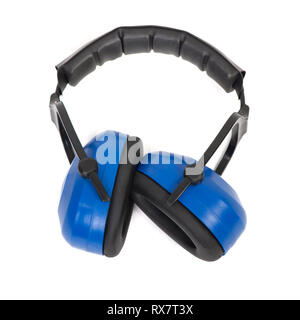 Gehörschutz blau Gehörschützer, persönliche Schutzausrüstung, Sicherheitsausrüstung isoliert auf weißem Hintergrund Stockfoto