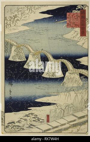 Brücke an iwakuni Kintai, Suo (Boshu) Provinz aus der Serie "100 berühmten Ansichten der verschiedenen Provinzen". Utagawa Hiroshige II (shigenobu); Japanisch, 1826-1869. Datum: 1859. Abmessungen: 34,8 x 22,9 cm (Papier); 33,3 x 22,1 cm (Block). Farbe holzschnitt. Herkunft: Japan. Museum: Das Chicago Art Institute. Stockfoto