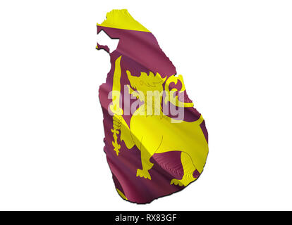 Karte auf Sri Lanka wehende Flagge. 3D-rendering Sri Lanka Karte und wehende Flagge auf Asien Karte. Das nationale Symbol von Sri Lanka. Sri Lanka Flagge auf Asien backgro Stockfoto