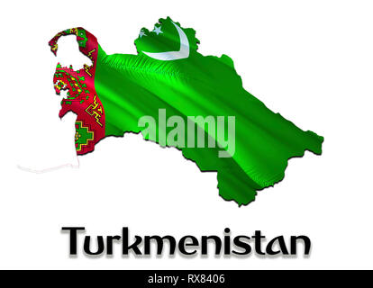 Turkmenistan Karte Flagge. 3D-rendering Turkmenistan Karte und Flagge auf Asien Karte. Das nationale Symbol von Turkmenistan. Aşgabat Flagge auf Asien Hintergrund. Nati Stockfoto