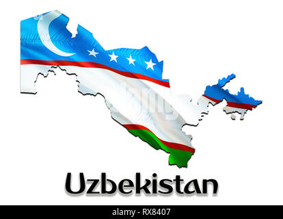 Usbekistan Karte Flagge. 3D-rendering Usbekistan Karte und Flagge auf Asien Karte. Das nationale Symbol der Republik Usbekistan. ‎Tashkent Flagge auf Asien Hintergrund. Nationale Stockfoto