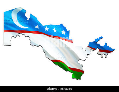 Karte von Usbekistan wehende Flagge. 3D-rendering Usbekistan Karte und wehende Flagge auf Asien Karte. Das nationale Symbol der Republik Usbekistan. Usbekistan Flagge auf Asien bac Stockfoto