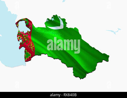 Flagge Karte von Turkmenistan. 3D-rendering Turkmenistan Karte und Flagge auf Asien Karte. Das nationale Symbol von Turkmenistan. Aşgabat Flagge auf Asien Hintergrund. N Stockfoto
