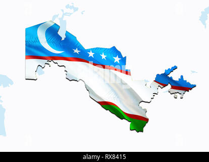 Flagge Karte von Usbekistan. 3D-rendering Usbekistan Karte und Flagge auf Asien Karte. Das nationale Symbol der Republik Usbekistan. ‎Tashkent Flagge auf Asien Hintergrund. Nation Stockfoto