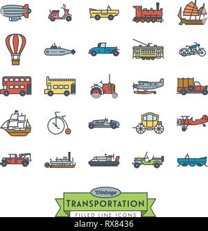 Sammlung von Vintage Transportfahrzeuge Vector Icons. Gefüllte Kontur Stil. Stock Vektor