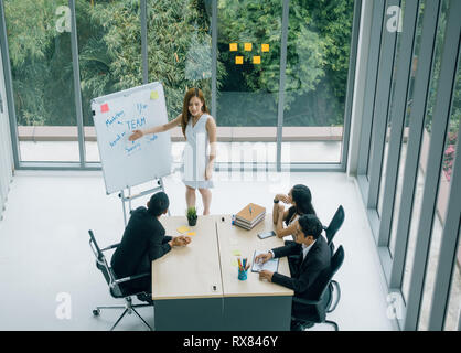 Unternehmerin in business meeting mit ihrem Personal. angezeigt Präsentation am Flipchart. Stockfoto