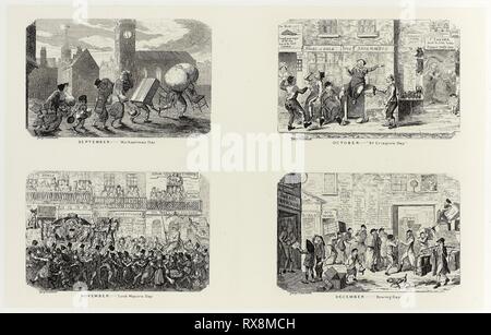 September - "ichaelmas Tag' von George Cruikshank Stahl Radierungen auf den Comic Almanacks: 1835-1853 (oben links). George Cruikshank (Englisch, 1792-1878); von Pickering & Amp; Chatto (Englisch, 19. Jahrhundert). Datum: 1836. Abmessungen: 207 × 334 mm (Primary Support); 343 × 506 mm (sekundäre) unterstützen. Vier stahl Radierungen in Schwarz auf Creme Indien Papier, legte sich auf Off-white Card (chine collé). Herkunft: England. Museum: Das Chicago Art Institute. Stockfoto