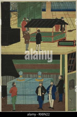 Einrichtung eines amerikanischen Dampfschiff (jokisen Amerikakoku-chu nicht zu). Utagawa Yoshikazu; Japanisch, Aktive c. 1850-1870. Datum: 1861. Abmessungen: . Farbe holzschnitt; Oban Triptychon. Herkunft: Japan. Museum: Das Chicago Art Institute. Stockfoto