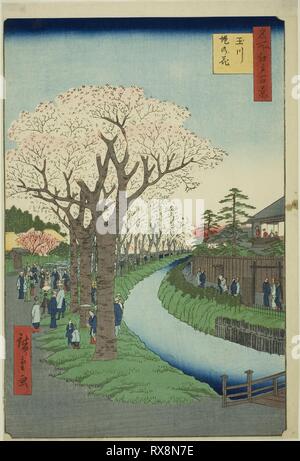 Blüten auf die Tama River Embankment (Tamagawa - zutsumi no hana), aus der Serie "100 berühmten Ansichten von Edo (Meisho Edo hyakkei)". Utagawa Hiroshige?? ??; Japanisch, 1797-1858. Datum: 1856. Abmessungen: 35,4 x 23,7 cm (13 15/16 x 9 5/16 in.). Farbe holzschnitt; Oban. Herkunft: Japan. Museum: Das Chicago Art Institute. Stockfoto