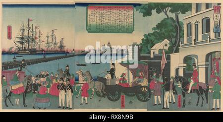 Der Hafen von London, England (Igirisu Rondon keine kaiko), aus der Serie "Sammlung von malerischen Orten in fremden Ländern (Bankoku meisho zukushi no Uchi)". Utagawa Yoshitora; Japanisch, Aktive c. 1836-87. Datum: 1862. Abmessungen: . Farbe holzschnitt; Oban Triptychon. Herkunft: Japan. Museum: Das Chicago Art Institute. Stockfoto