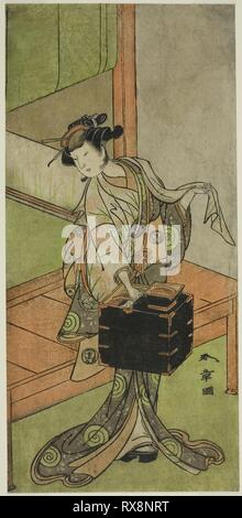 Der Schauspieler Yamashita Kinsaku II als Miyagino getarnt als Friseur im Spielen Kosode - Gura keine Tekubari, durchgeführt an der Morita Theater im zweiten Monat, 1772 (?). Shunsho Katsukawa?? ??; Japanisch, 1726-1792. Datum: 1767-1777. Abmessungen: 29,6 x 14 cm (11 5/8 x 5 1/2 in.). Farbe holzschnitt; hosoban. Herkunft: Japan. Museum: Das Chicago Art Institute. Stockfoto