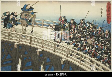 Die Nacht Angriff, Teil 4 [sic; tatsächlich 5]: Der Rückzug in Ryogoku Brücke (Youchi yon, Ryogoku hikitori), aus der Serie "Die Rache der Treuen Halter (chushingura)". Utagawa Hiroshige?? ??; Japanisch, 1797-1858. Datum: 1829-1844. Abmessungen: 25,4 x 37,2 cm (10 x 14 5/8 in.). Farbe holzschnitt; Oban. Herkunft: Japan. Museum: Das Chicago Art Institute. Stockfoto