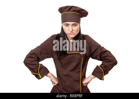 Wütend Köchin legte die Hände auf den Hüften auf weißem Hintergrund Stockfoto