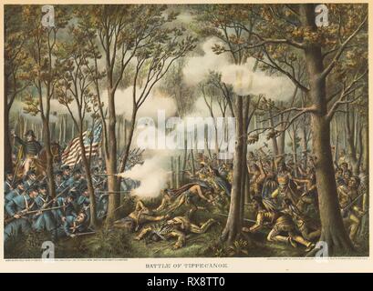 Schlacht von Tippecanoe. Unbekannter Künstler; veröffentlicht von Kurz und Allison (Amerikaner, in Chicago gegründet, 1880). Datum: 1889. Abmessungen: 442 x 635 mm (Bild, Blick); 480 x 655 mm (Blatt, Augen). Farblithographie auf Off-white webte Papier. Herkunft: USA. Museum: Das Chicago Art Institute. Thema: Kurz- und Allison. WILLIAM HARRISON. HARRISON ALLGEMEIN. Stockfoto