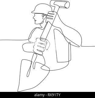 Durchgehende Linie Abbildung: ein Bauarbeiter, Heimwerker oder Gärtner mit Spaten, Schaufel in Schwarz und Weiß Monoline-versicherer Stil. Stock Vektor