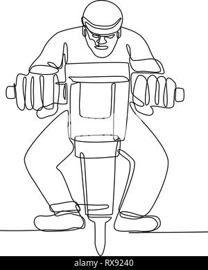 Durchgehende Linie Abbildung: Bauarbeiter mit Jackhammer, einem tragbaren pneumatische und elektro-mechanischen Werkzeug, das ist ein Hammer und Bohrer getan Stock Vektor