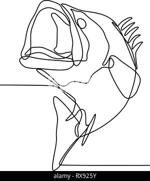 Durchgehende Linie Abbildung: largemouth Bass, Süßwasser gamefish, ist eine Pflanzenart aus der Gattung der schwarzen Bass in Nordamerika heimisch, springen Geschehen in Schwarz Stock Vektor