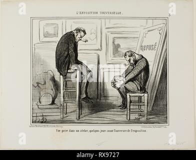 Blick in ein Studio ein paar Möglichkeiten vor der Eröffnung der Ausstellung, Platte 3 von L'Exposition Universelle genommen. Honoré Victorin Daumier; Französisch, 1808-1879. Datum: 1855. Abmessungen: 194 × 251 mm (Bild); 275 × 358 mm (Blatt). Lithographie in Schwarz auf weißem Papier webten. Herkunft: Frankreich. Museum: Das Chicago Art Institute. Autor: Honoré-Victorin Daumier. Stockfoto