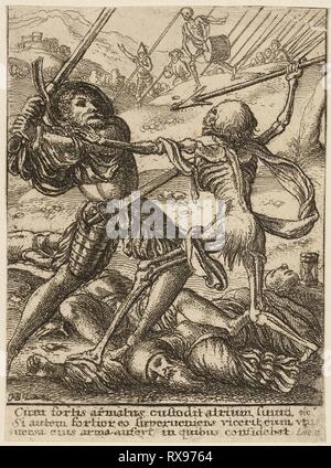 Der Ritter und Tod, vom Tanz des Todes. Wenzel Hollar (1607-1677); nach Hans Holbein der Jüngere (Deutsch, c 1497-1543). Datum: 1651. Abmessungen: 71×52 mm (Blatt, innerhalb der Platte mark getrimmt). Ätzen in Schwarz auf Elfenbein webte Papier. Herkunft: Böhmen. Museum: Das Chicago Art Institute. Stockfoto